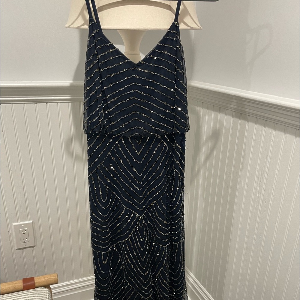 Adrianna Papell Navy Art Deco beaded blouson formal dress
